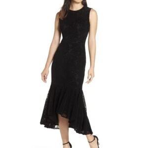Maggy London Black Chantilly Velvet Lace high Low Mermaid Flounce Dress Sz 12P